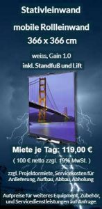 Angebot für Vermietung mobile 366x366 cm Stativrolloleinwand ab 100 Euro netto je Miettag